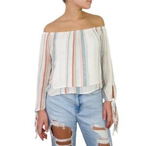 Urban Outfitters Thread & Supply White Pastel Rainbow Striped Off Shoulder Top M